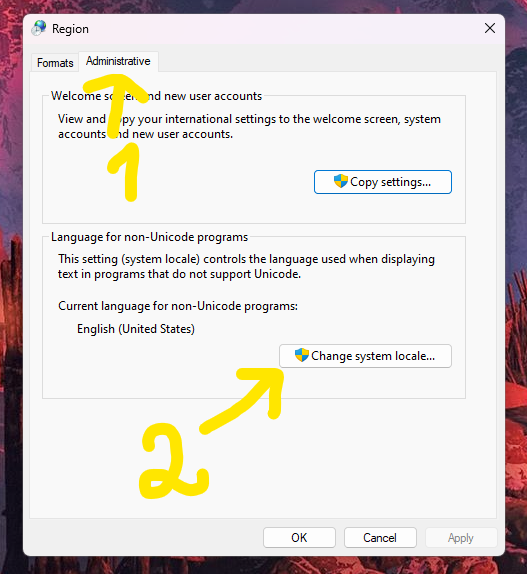 Administrative tab showing Change system locale button